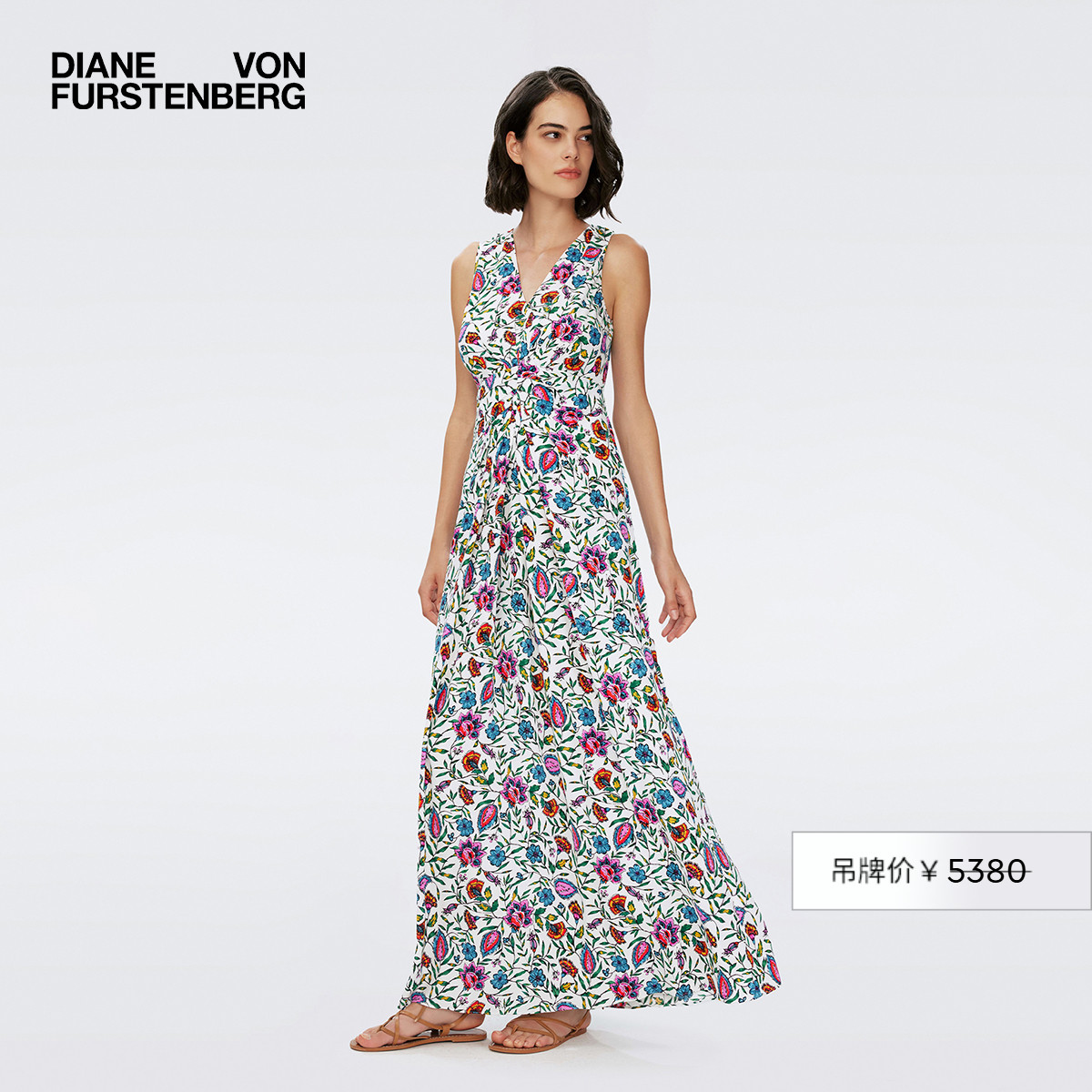 DVF粉白梦幻花海V领连衣裙