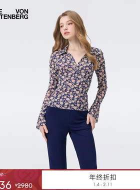 DVF2025秋季新款蓝橙星图繁花图案POLO领弹力网纱长袖上衣BL2T002