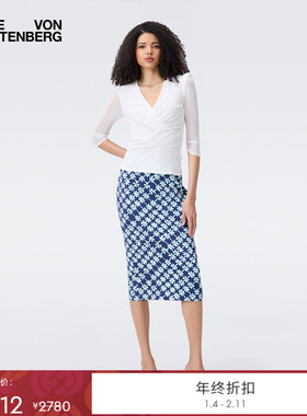 DVF2025秋季新款蓝色格网花图案直筒铅笔裙半裙KM2T003