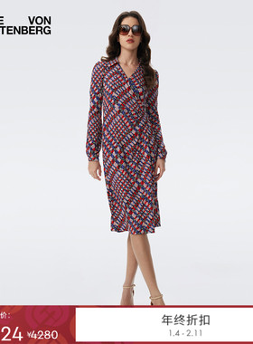 [天丝羊毛]DVF2025秋冬新款多彩棋盘格女士长袖连衣裙DL3T007