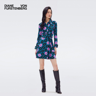 裹身连衣裙DW3R011 短款 DVF POLO领植物印花长袖