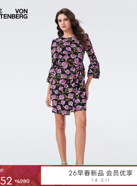 DVF2026早春度假系列黑紫色绽放花朵荷叶袖弹力网纱连衣裙DL4T013