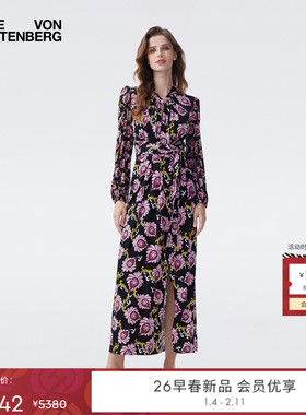 [哑光针织]DVF2026早春度假系列黑紫色绽放花朵领连衣裙DL4T006
