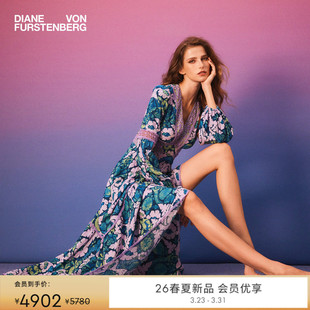 DVF2026早春新款 V领海岛蓝铃兰花卉蕾丝腰部挖减连衣裙DL4T026