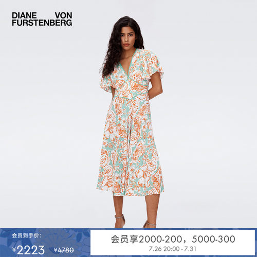 DVF荷叶袖茶歇裙植物印花连衣裙
