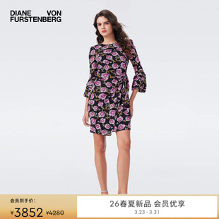 连修身 圆领绽放花朵荷叶袖 DVF2026早春新款 衣裙DL4T013 弹力网纱