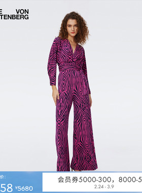 DVF斑马纹V领天丝羊毛蝙蝠袖阔腿连体裤PJ3S002