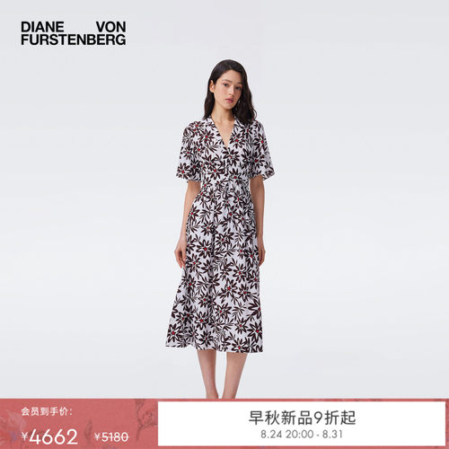 DVF2026早秋新款茶歇裙咖白星尘花收腰微喇短袖碎花连衣裙DS2U029