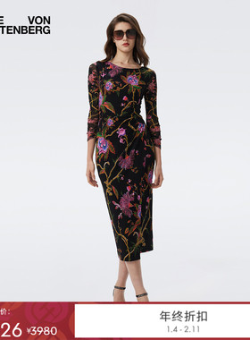 [哑光针织/弹力网纱]DVF2025秋冬神秘花园图案长袖连衣裙DL3T010