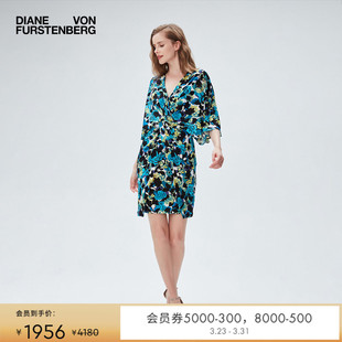 弹力针织连衣裙DS2R032 短款 DVF V领度假植物印花七分袖