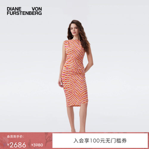 DVF2026春夏新款橘色海浪几何纹图案圆领无袖修身连衣裙DS1U026