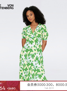 DVF绿色复古绉纱度假茶歇印花连衣裙DS1S001