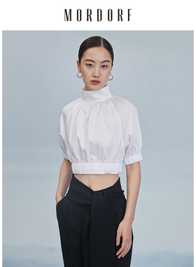 MORDORF白色短款立领衬衫女夏季泡泡袖古典捏褶收腰露腰气质上衣