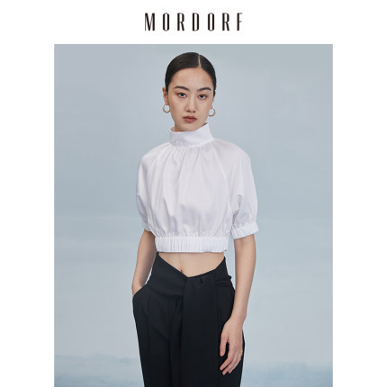 MORDORF白色短款立领衬衫女夏季泡泡袖古典捏褶收腰露腰气质上衣