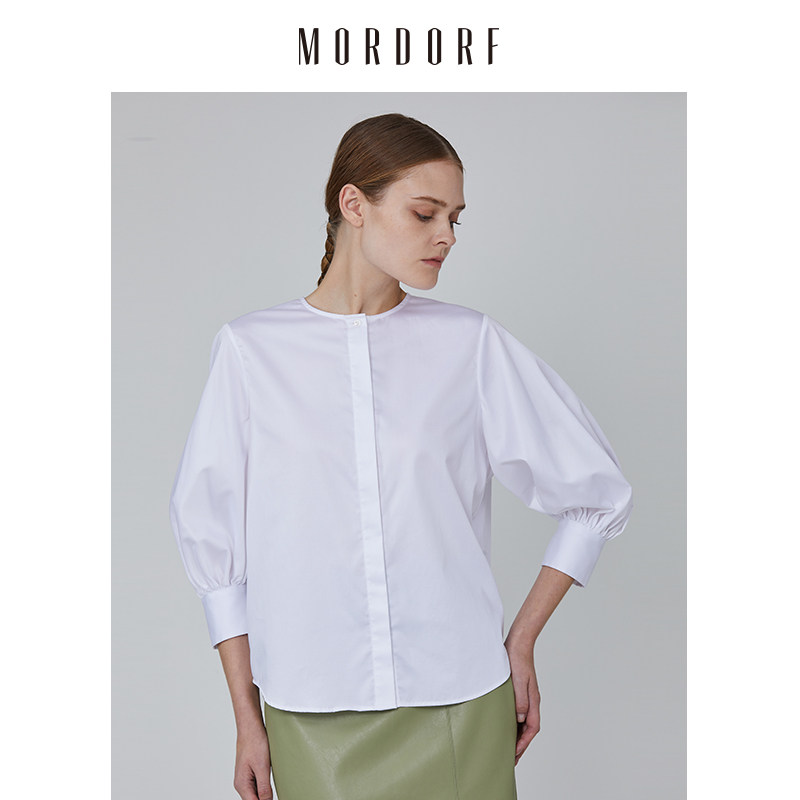 MORDORF泡泡袖白衬衫女2026春季新款圆领修身气质薄款七分袖上衣,女装/女士精品,衬衫,淘宝优惠券,粉丝福利购,淘宝优惠卷