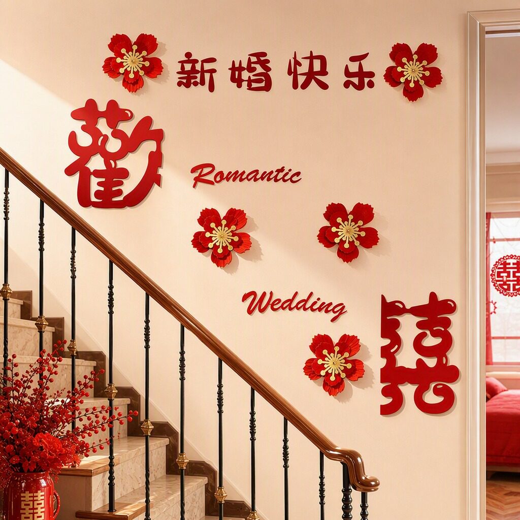 婚房布置自建房楼梯扶手农村结婚礼装饰花朵喜字拉花背景墙面套装