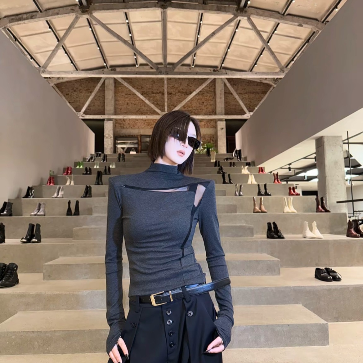 CZ暮光之城秋半高领拼接显瘦修身T恤镂空长袖