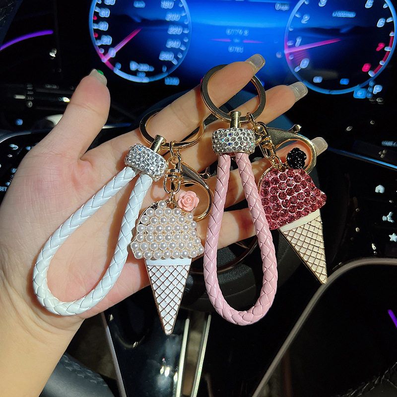 少女心合金冰淇淋钥匙扣镶钻皮绳