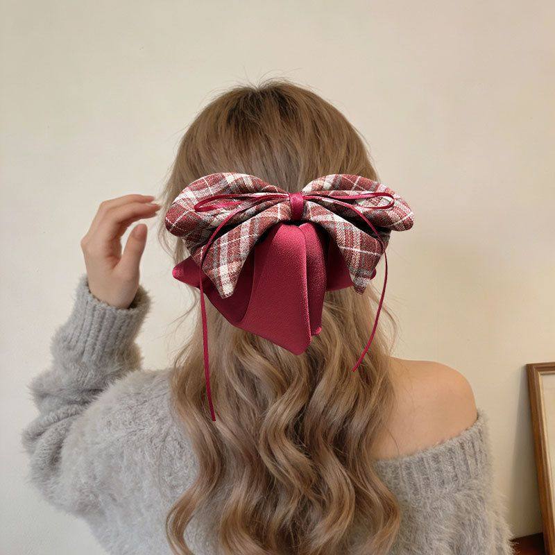 韩国东大门新款复古红色格纹蝴蝶结飘带发夹后脑勺半扎马尾夹抓夹,饰品/流行首饰/时尚饰品新,发饰,淘宝优惠券,粉丝福利购,淘宝优惠卷