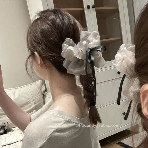 氛围感灰咖色蝴蝶结飘带马尾抓