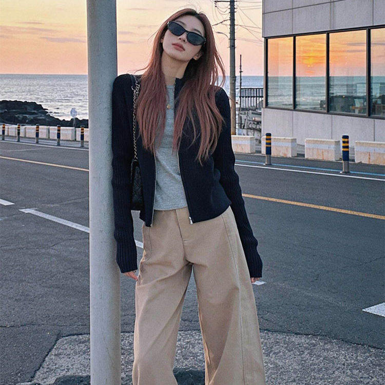 2026新款黑色拉链针织开衫外套女春秋季毛衣修身早秋chic韩系上衣