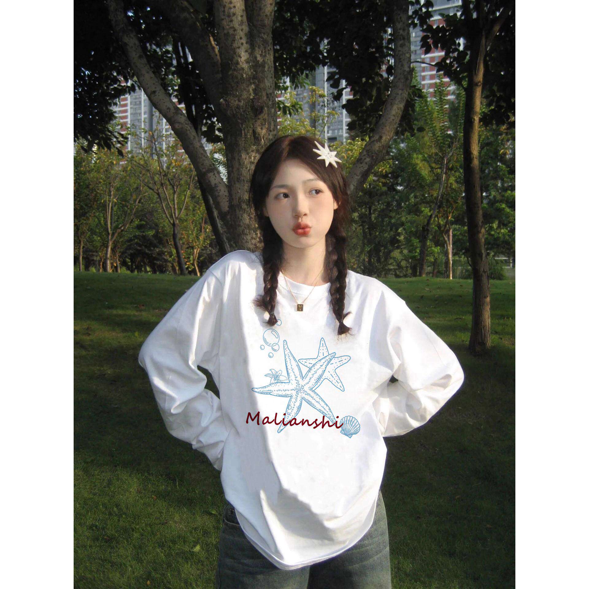 100%纯棉美式复古正肩白色长袖t恤女2026新款春季薄款慵懒上衣潮