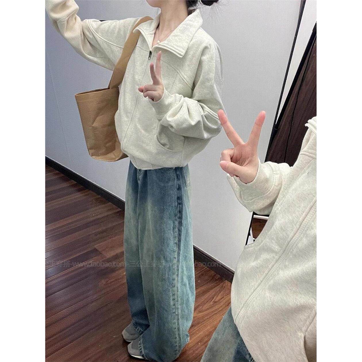 巨好看的早秋一整套2025韩系卫衣外套小个子阔腿牛仔裤穿搭套装女