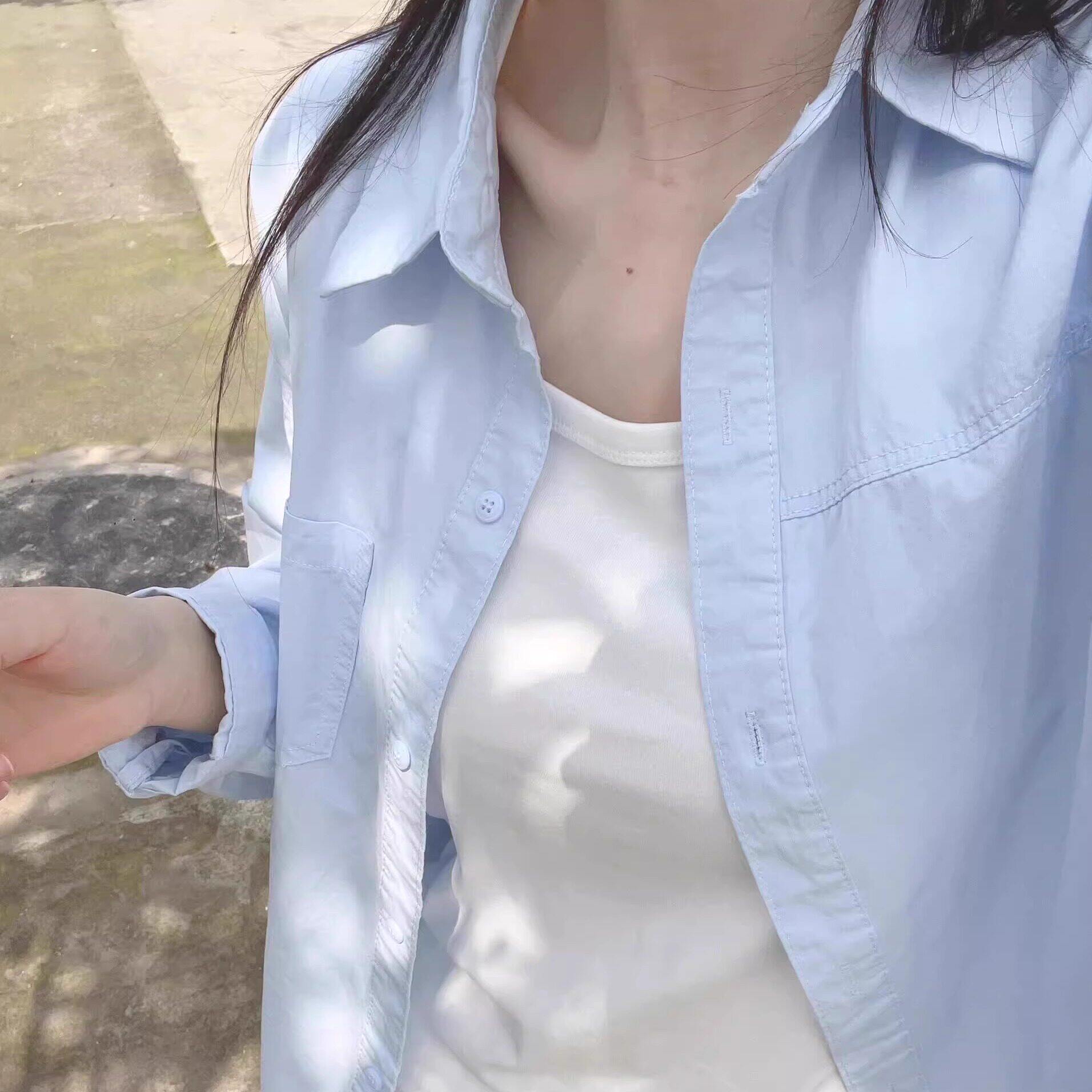 纯棉蓝色衬衫女春秋2025新款翻领内搭长袖衬衫外穿小个子韩系上衣