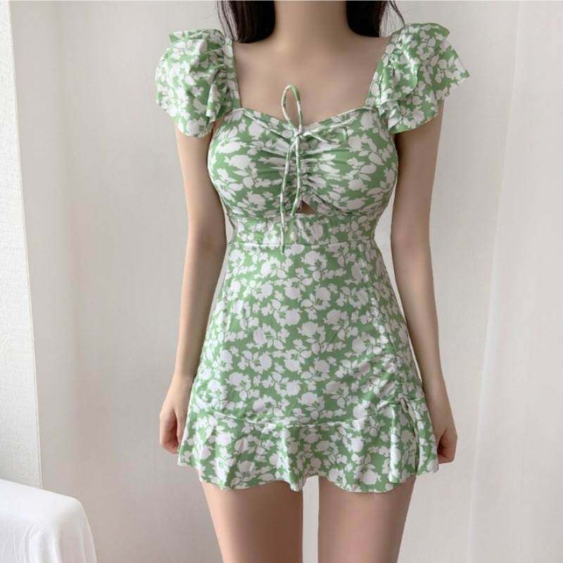 2023韩国新款性感露背抽绳聚拢遮肚显瘦小清新碎花连体裙式泳衣女