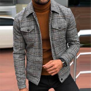 欧美男装夹克秋季宽松休闲翻领格子男外套上衣潮Men's jacket