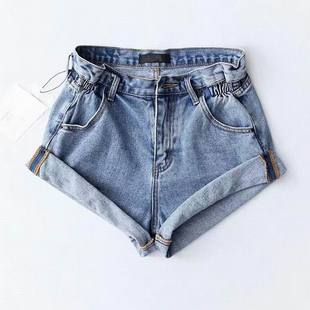 欧美花苞A字高腰卷边牛仔短裤女夏季褶皱松紧腰翻边阔腿学生热裤