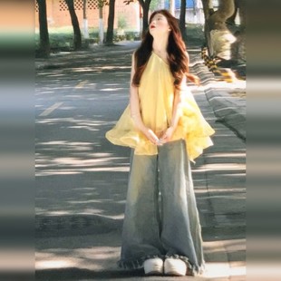 无袖 夏日巨好看海边度假蓬蓬短裙 黄色吊带连衣裙子女夏季 2025新款