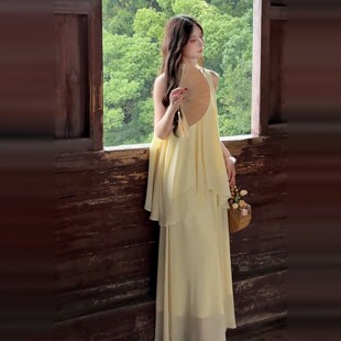 巨好看黄色无袖 吊带连衣裙子女夏2025新款 海边度假新中式 长裙套装