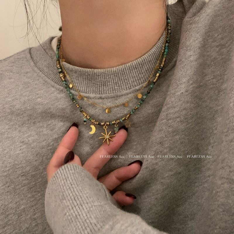 复古串珠叠戴项链女波西米亚太阳花小众设计锁骨链颈链毛衣链配饰