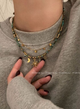 复古串珠叠戴项链女波西米亚太阳花小众设计锁骨链颈链毛衣链配饰