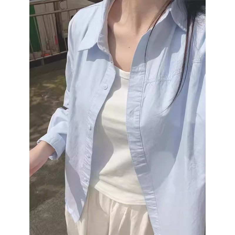baby奶蓝色衬衫外套男女同款夏季薄款长袖t恤男春季赏花大牌穿搭