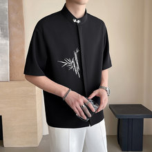 黑色短袖衬衫男装高级感冰丝休闲上衣新中式国风夏季立领刺绣衬衣