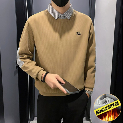 衬衫领卫衣男加绒加厚假两件针织衫长袖2024新款秋冬款内搭T恤潮t
