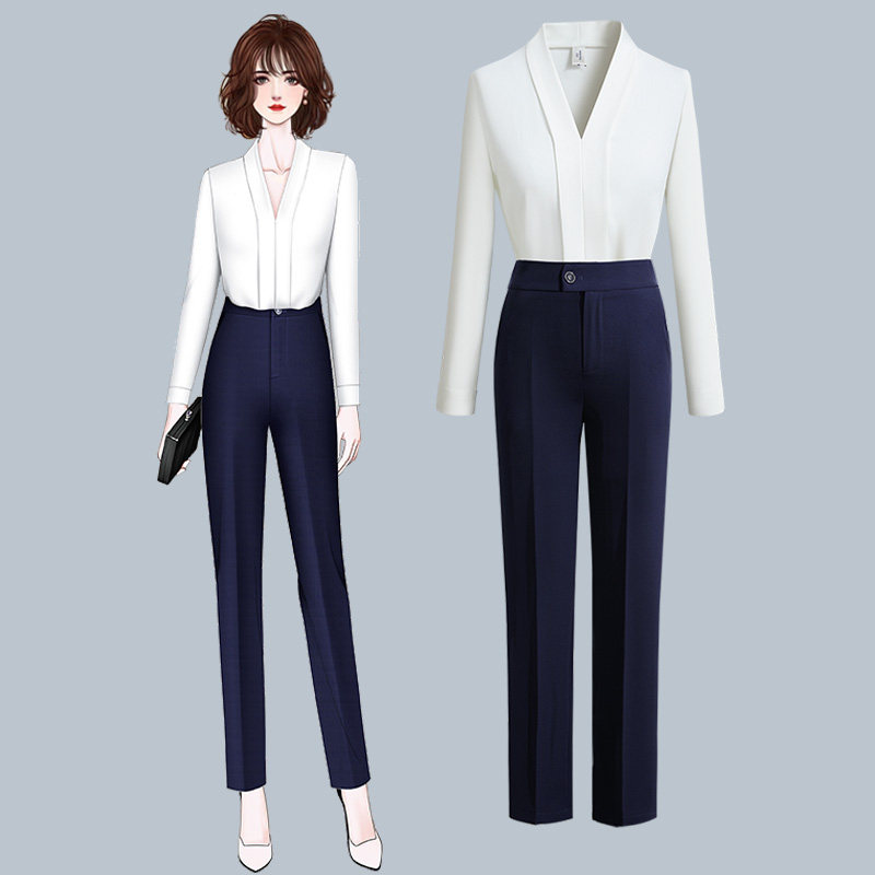 白色衬衫女士收腰春秋高级感长袖职业正装V领面试ol通勤衬衣套装