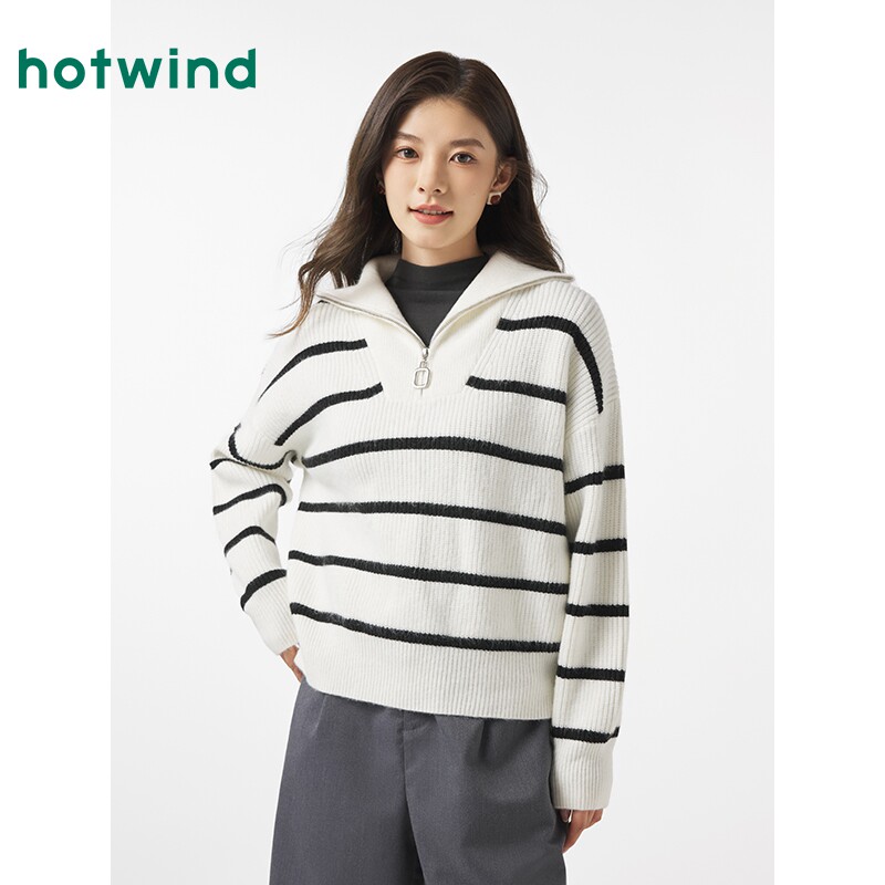 热风2024年冬季新款女士条纹翻领针织衫韩版宽松时尚百搭套头上衣