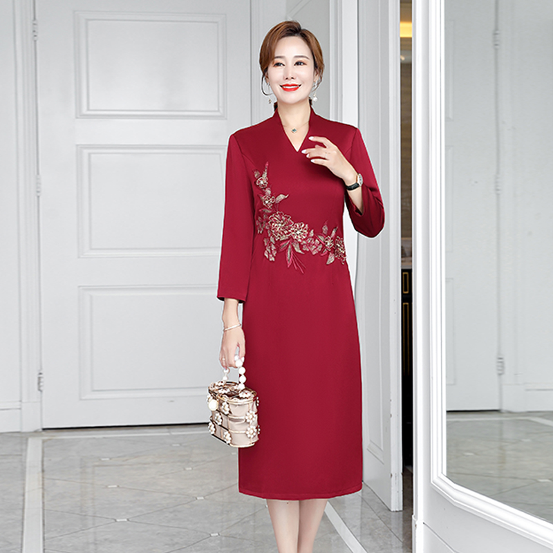 春秋女妈妈装高端大牌喜庆喜婆婆绸缎婚礼婚宴礼服旗袍连衣裙长裙