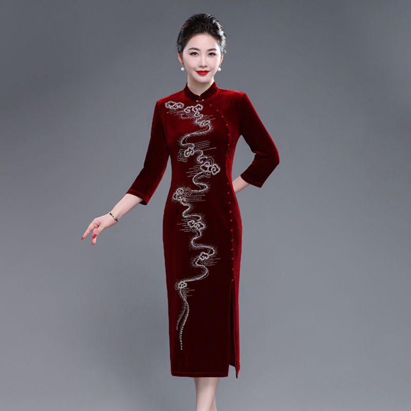 婚宴礼服金丝绒妈妈装婚礼旗袍