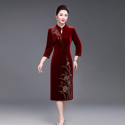 秋冬女喜妈妈装改良旗袍婚庆金丝绒婚宴礼服喜婆婆刺绣婚礼连衣裙