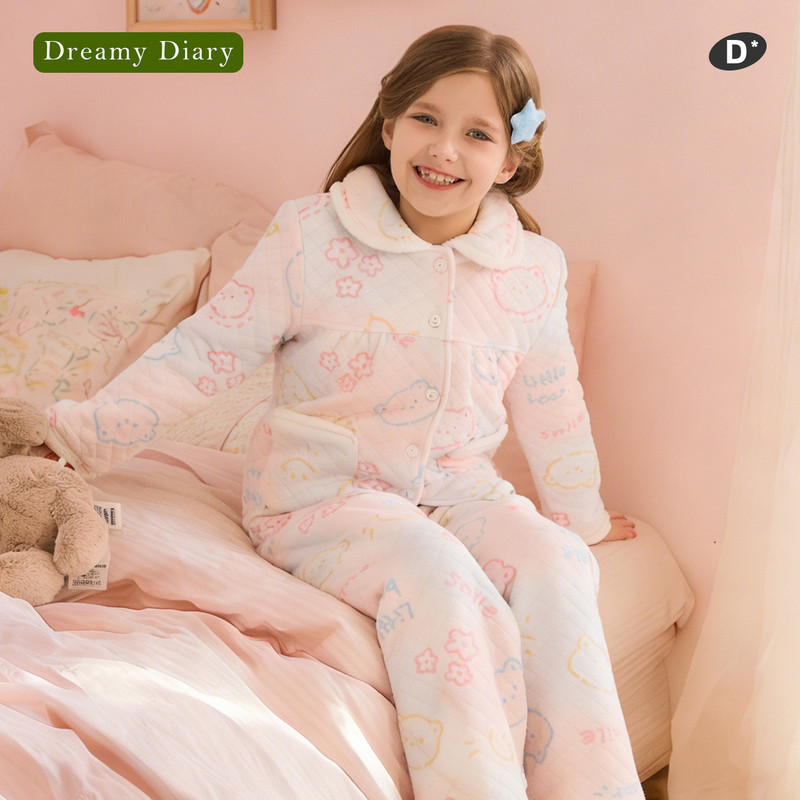 儿童三层夹棉睡衣冬季女孩新款女童家居服加厚女宝宝里层纯棉保暖