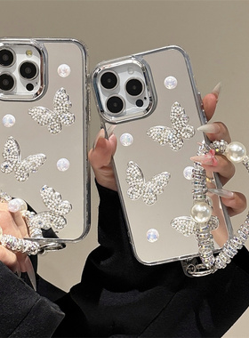 立体珍珠水钻蝴蝶适用谷歌GooglePixel10手机壳9A电镀镜框Pixel5XL银色镜面8pro高级感谷歌6可爱4A手链7潮女