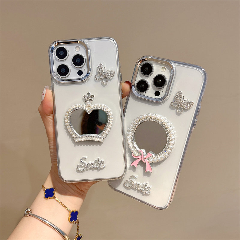 水钻蝴蝶结珍珠圆镜子适用于iphone16手机壳17proMAX皇冠补妆镜面15plus字母14高级感透明苹果13可爱12手链女,3C数码配件,手机保护套/壳,淘宝优惠券,粉丝福利购,淘宝优惠卷