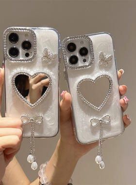 水钻蝴蝶结爱心镜子适用于谷歌GooglePixel10手机壳9A高级感Pixel5XL珍珠吊坠8pro补妆镜面6A可爱4A珠光白7女