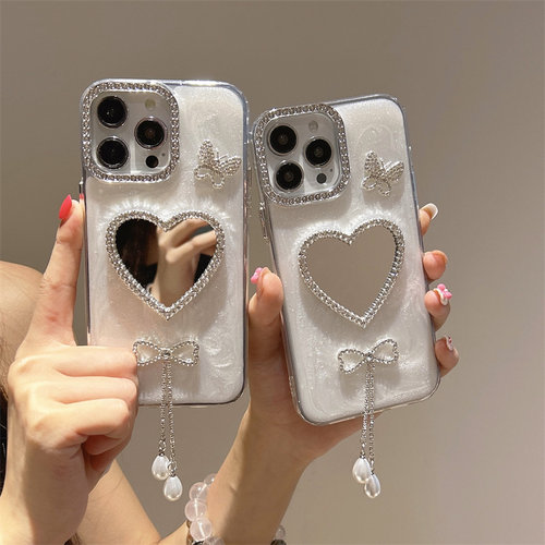 水钻蝴蝶结爱心镜子适用于谷歌GooglePixel10手机壳9A高级感Pixel5XL珍珠吊坠8pro补妆镜面6A可爱4A珠光白7女