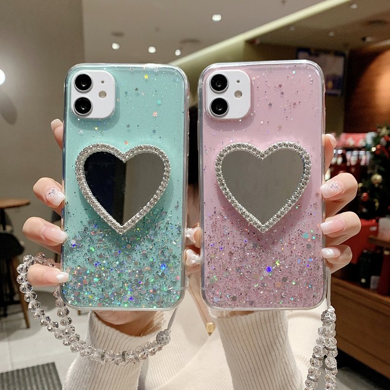 水钻爱心镜子适用于iphone16手机壳15proMAX透明滴胶苹果14plus闪粉17air硅胶套13个性亮片12防摔8挂绳奢华女