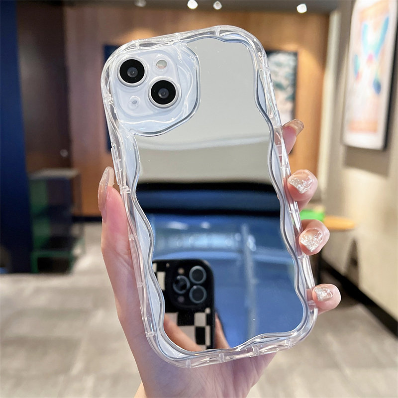 波浪纹电镀镜面适用于iphone15手机壳16proMAX奶油边14plus银色补妆镜子苹果13硅胶保护套12亚克力个性简约女